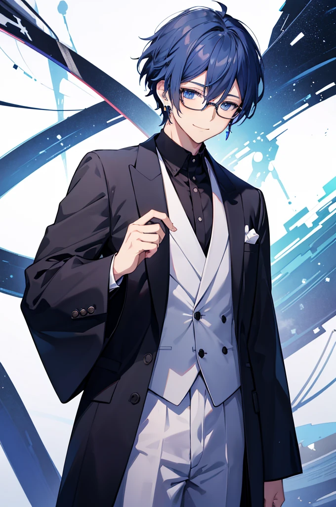 White background、Japan anime illustrations、Adult male、Anime Male、Indigo Hair、Blue eyes like the night sky、Smiling man、Wearing thin glasses、Small earrings、Black suit、Man standing and smiling、Man standing facing forward、