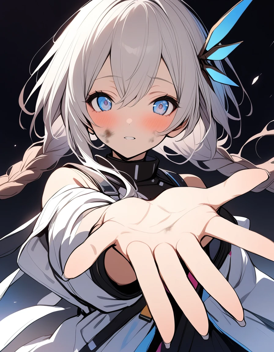 1 Girl, Amiya \(Ark of Tomorrow\), Ark of Tomorrow, Dirty face, Outstretched Hand, close up, angle, shorten, dark, dark background, masterpiece, best quality