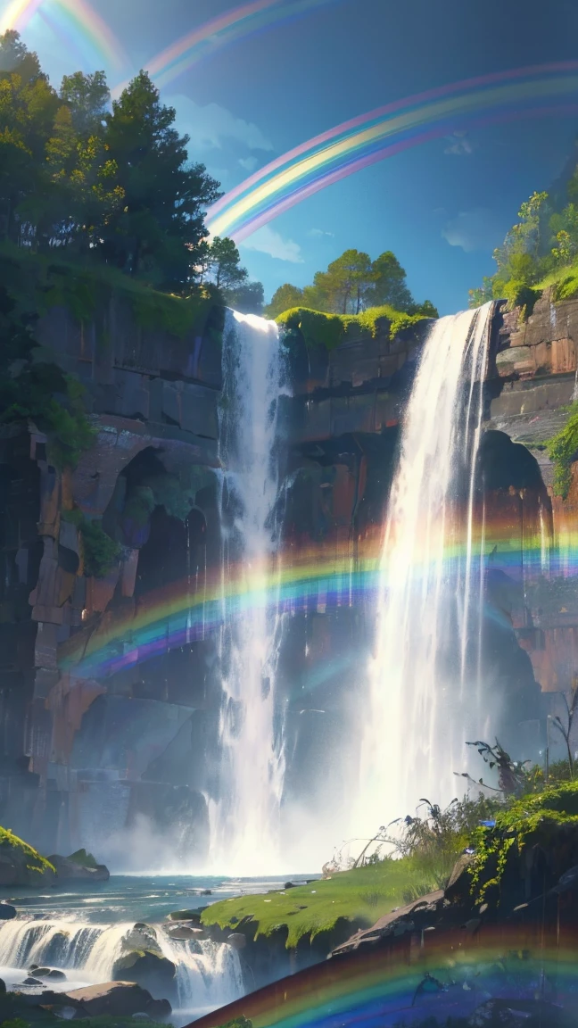 (((Rainbow at the waterfall)) best quality, very high resolution, 4K detailed CG, master piece, waterfall, Rainbow, Forest, aesthetics, ((Arco Iris)), Beautiful image, centered on the screen landscape