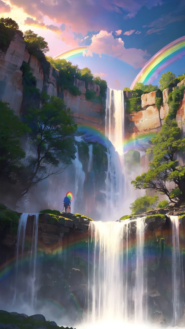 (((Rainbow at the waterfall)) best quality, very high resolution, 4K detailed CG, master piece, waterfall, Rainbow, Forest, aesthetics, ((Arco Iris)), Beautiful image, centered on the screen landscape