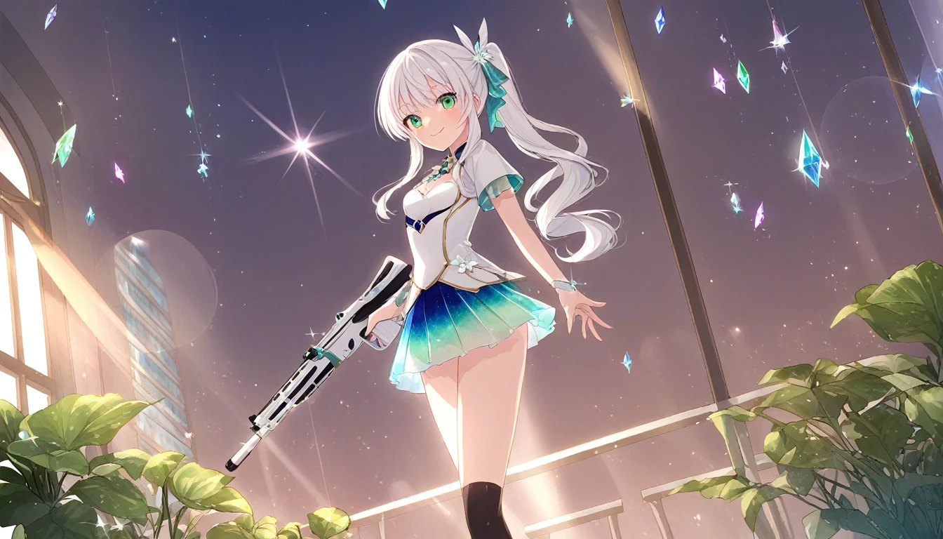 anime artwork (((crystals texture Hair))),((beautiful detailed glass hair)),((glass shaped texture hand)), hands as clear as jewels, ((crystals texture skin)), sparkle, lens flare, light leaks, broken glass, detailed glass shaped clothes, crystals texture flowers,((detailed clothing)), 1girl, white hair, solo, thigh highs, side pony tail, black thigh highs, looking at viewer, window, small breast, flat breasts, blush, smile, bangs, closed mouth, plant, short sleeves, anime style, key visual, vibrant, studio anime, highly detailed, red and green eyes, porcelean skin, holding a gun, wearing a suit, short skirt,