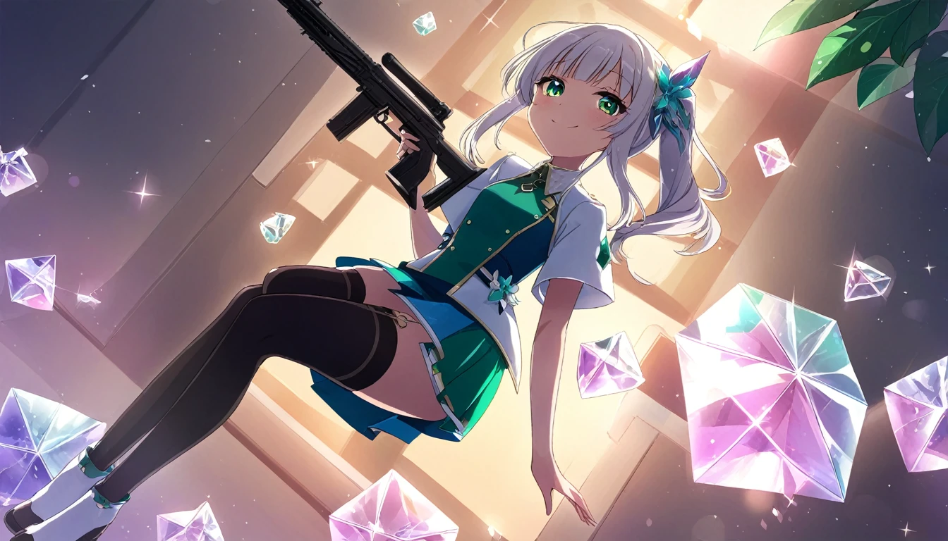 anime artwork (((crystals texture Hair))),((beautiful detailed glass hair)),((glass shaped texture hand)), hands as clear as jewels, ((crystals texture skin)), sparkle, lens flare, light leaks, broken glass, detailed glass shaped clothes, crystals texture flowers,((detailed clothing)), 1girl, white hair, solo, thigh highs, side pony tail, black thigh highs, looking at viewer, window, small breast, flat breasts, blush, smile, bangs, closed mouth, plant, short sleeves, anime style, key visual, vibrant, studio anime, highly detailed, red and green eyes, porcelean skin, holding a gun, wearing a suit, short skirt,