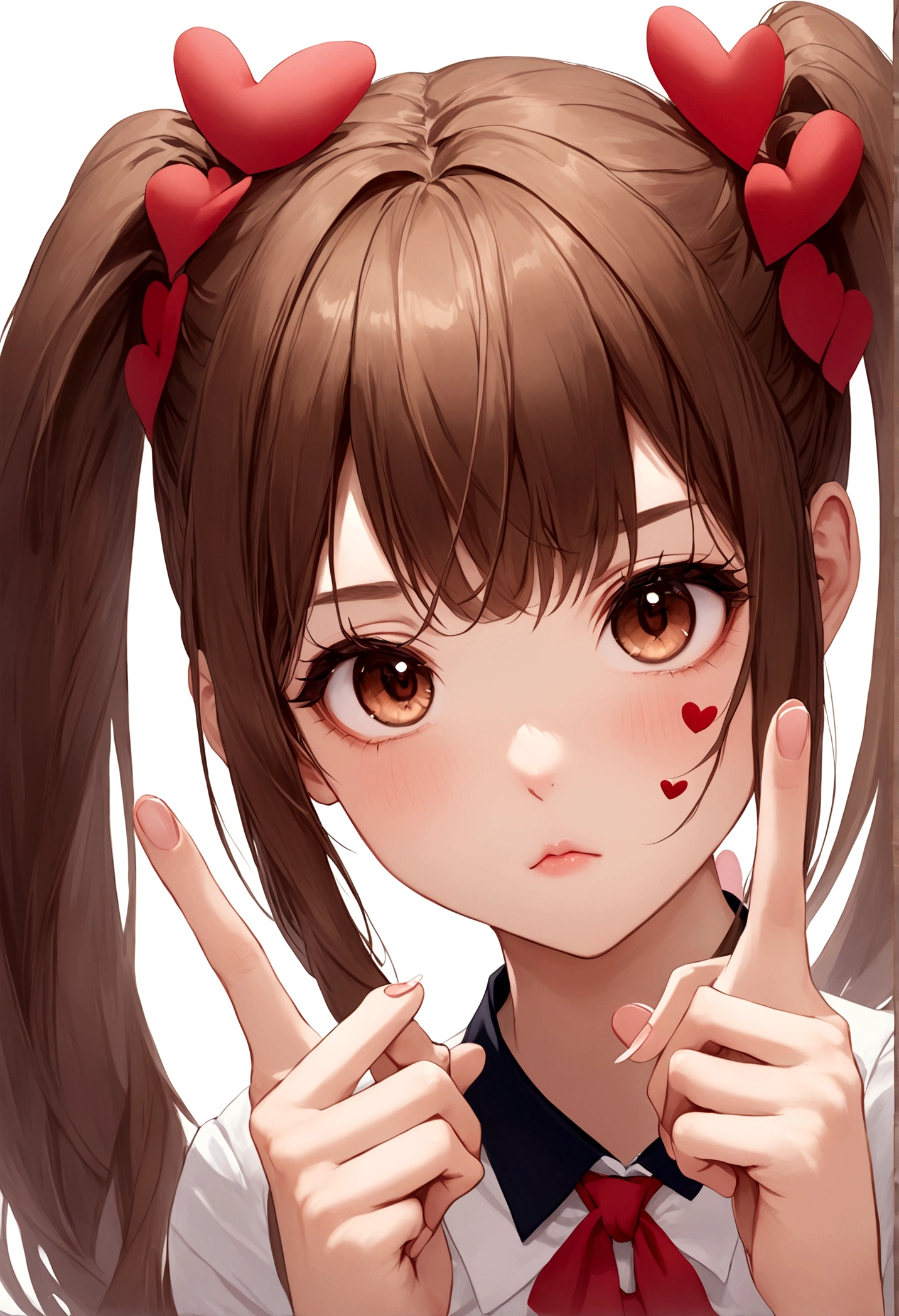 A girl with brown hair and twin tails wearing a uniform、While staring at me with a stern look、Making a heart with index and middle fingers。she is my lover、Her expression is a mixture of embarrassment and affection.。