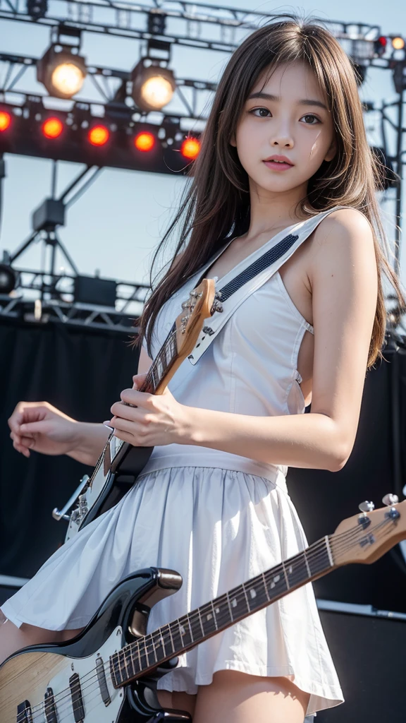 ((Beautiful girl playing electric guitar on stage at school festival:1.2)), Daytime outdoor live performance, Outdoor Spectators, Huge excitement, (Table Top), (Highest quality, 8K, masterpiece:1.2, RAW Photos), (Realistic:1.2), Japanese, (Innocent face, beautiful girl:1.2, Baby Face:1#39;s face), Stand with your feet apart, Thin thighs, Knee-high, ((Panty Shot:1.3)), (Cute tank top and mini pleated skirt:1.2), (Beautiful breasts, Fascinating Cleavage:1.3), Silky beautiful hair, Short pigtails, ((Detailed eyes and face:1.2, Professional photography techniques, Stage lighting)), (Detailed hands, A girl's small and beautiful hands:1.2),