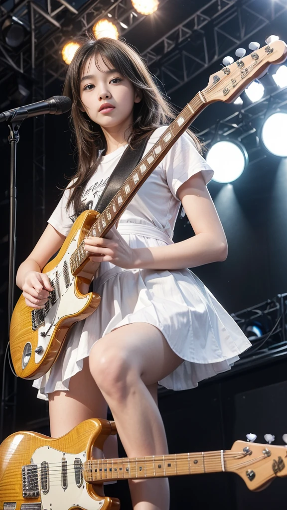 ((Beautiful girl playing electric guitar on stage at school festival:1.2)), Daytime outdoor live performance, Outdoor Spectators, Huge excitement, (Table Top), (Highest quality, 8K, masterpiece:1.2, RAW Photos), (Realistic:1.2), Japanese, (Innocent face,  beautiful girl:1.2, Baby Face:1#39;s face), Stand with your feet apart, Thin thighs, Knee-high, ((Panty Shot:1.3)), (Cute tank top and mini pleated skirt:1.2), (Beautiful breasts, Fascinating Cleavage:1.3), Silky beautiful hair, Short pigtails, ((Detailed eyes and face:1.2, Professional photography techniques, Stage lighting)), (Detailed hands, A girl&#39;s small and beautiful hands:1.2),