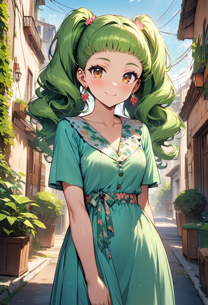 Masterpiece, High Quality, Ultra High Resolution, Solo, Outdoor, Looking at the viewer, Smiling, Kay, Alone girl, Long hair, Curly hair, Perm, Green hair, Earrings, Brown eyes, Healthy skin, Beautiful woman, Dress, Hairstyle pattern, Twin tails, Active girl, Facial features