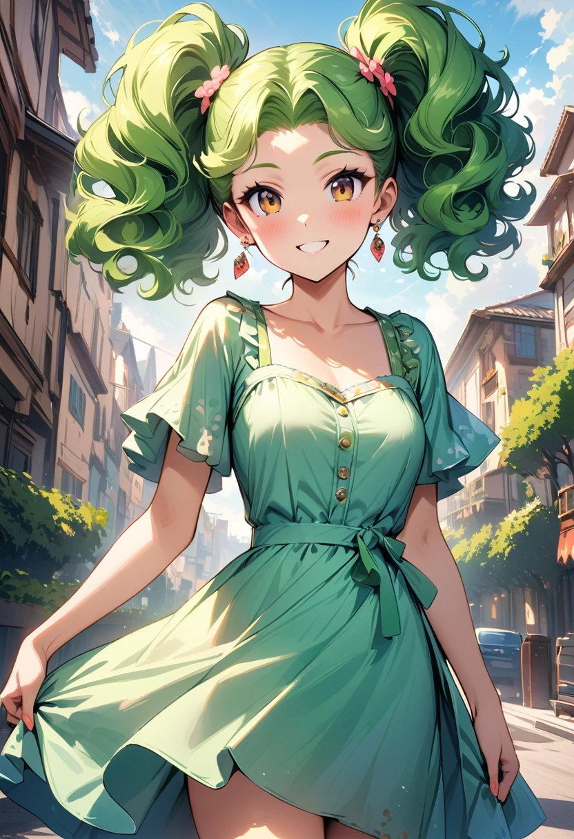 Masterpiece, High Quality, Ultra High Resolution, Solo, Outdoor, Looking at the viewer, Smiling, Kay, Alone girl, Long hair, Curly hair, Perm, Green hair, Earrings, Brown eyes, Healthy skin, Beautiful woman, Dress, Hairstyle pattern, Twin tails, Active girl, Facial features