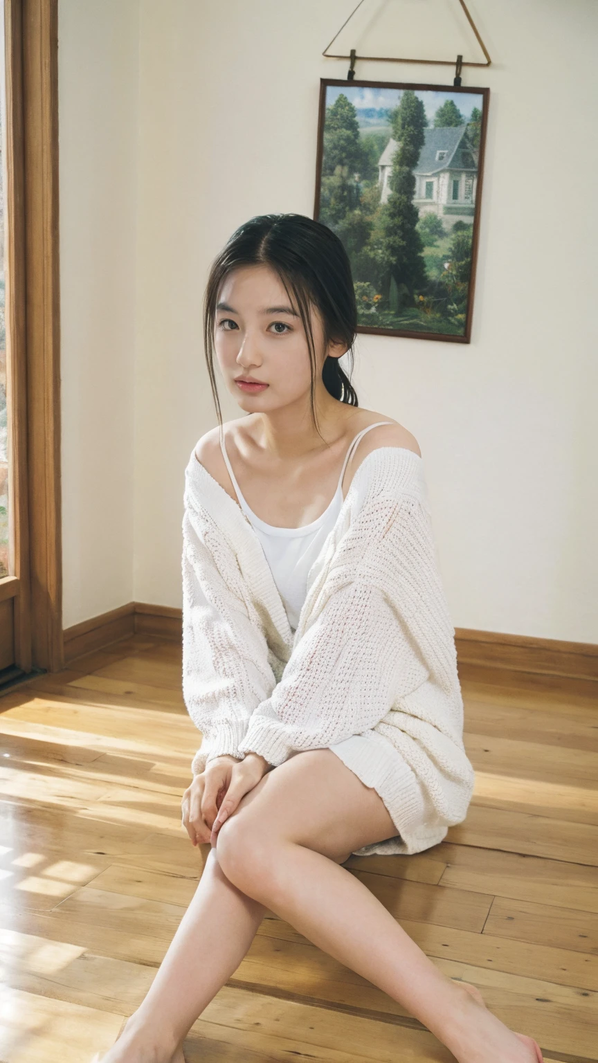 (((Highest quality,Very detailed,masterpiece,Very detailed))) ,(((Downward))),((Spread your legs)),loose breast,Camisole with showing through,one piece,barefoot,One Girl,Realistic,Bedroom、Looks sleepy