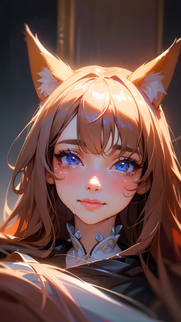 a girl with fox ears, smiling, crying, long brown hair with bangs, left eye pink, right eye blue, detailed face, beautiful detailed eyes, beautiful detailed lips, extremely detailed eyes and face, long eyelashes, emotional expression, oil painting, digital painting, 8k, highly detailed, photorealistic, masterpiece, vibrant colors, dramatic lighting