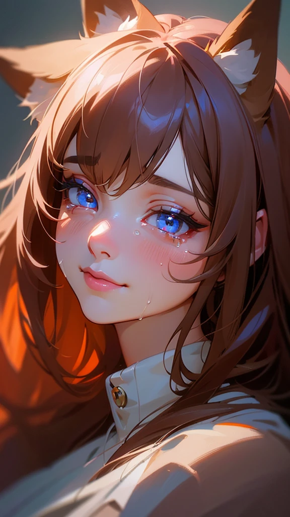 a girl with fox ears, smiling, crying, long brown hair with bangs, left eye pink, right eye blue, detailed face, beautiful detailed eyes, beautiful detailed lips, extremely detailed eyes and face, long eyelashes, emotional expression, oil painting, digital painting, 8k, highly detailed, photorealistic, masterpiece, vibrant colors, dramatic lighting