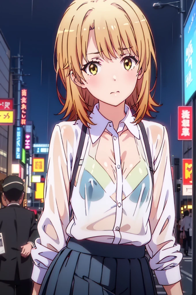 (8K),(anime colored),(masterpiece), (best quality), ((ultra-detailed)), (illustration), (an extremely delicate and beautiful),(nsfw1),1girl, solo, iroha isshiki, short hair, brown hair, (brown eyes:1.5), skirt, shirt, ribbon, wet hair, (see through1), wet shirt, wet skirt, looking at viewer ,BREAK, rain, tokyo city, night city