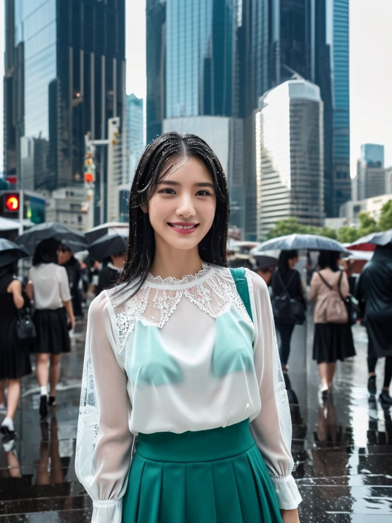 ((best quality, 8K, masterpiece: 1.3)),upper body,Black Hair, black eye,sharp focus: 1.2, beautiful woman with a perfect body: 1.4, ((Medium Hair, large: 1.2)), (small and beautiful hard (White blouse with lace、Tight dark turquoise long skirt), (wet from rain: 1.2), (rain, street: 1.2), wet body: 1.1, Highly detailed face and skin texture, detailed eyes, double eyelids, White skin,,E cup,smile,Financial district of the big city,Skyscraper,白い肌,