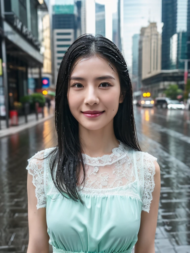 ((best quality, 8K, masterpiece: 1.3)),upper body,Black Hair, black eye,sharp focus: 1.2, beautiful woman with a perfect body: 1.4, ((Medium Hair, large: 1.2)), (small and beautiful hard (White blouse with lace、Tight dark turquoise long skirt), (wet from rain: 1.2), (rain, street: 1.2), wet body: 1.1, Highly detailed face and skin texture, detailed eyes, double eyelids, White skin,,E cup,smile,Financial district of the big city,Skyscraper,白い肌,