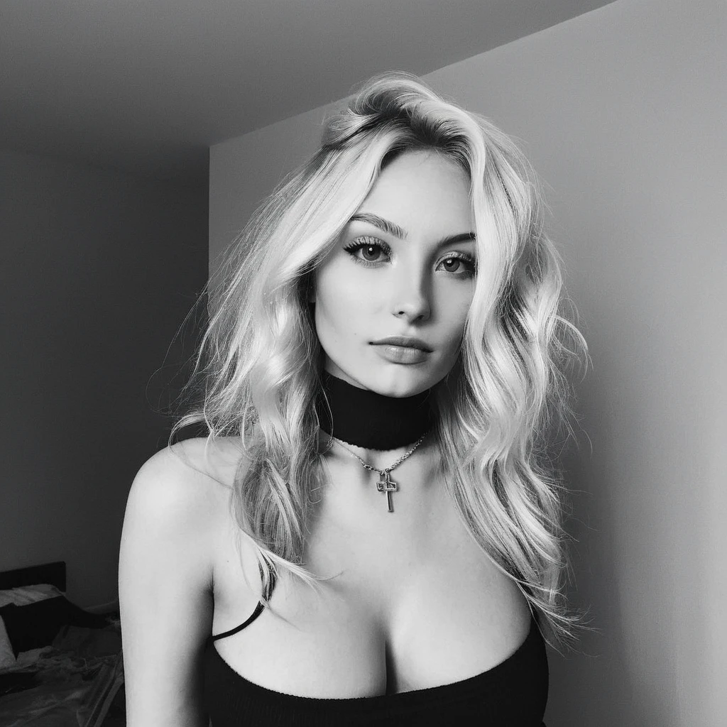 Глядя прямо в камеру, зернистость, текстура кожи, erotic photo, , Instagram selжie oж a woman with long loose blonde hair wearing a choker,evening жorrest in the background,ж/1.8, 