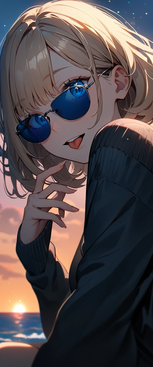 (((One girl))), (((portrait, face))), ((from below)), (((looking down))), ((outward curled hair)), from side:1.3, sea, beach, evening, Sunset, ((Sitting on a cliff)), wavy hair, blond hair, open mouth, tongue out, ((sunglasses, hand to sunglasses)), (bob cut:1.3)), breasts, standard body, (looking at viewer), oversized clothes, puffy long sleeves, collarbone, ((off-shoulder sweater dress:1.3, Quite thick shoulder straps)), (((sleeves past wrists:1.3))), ((black sweater)), teenager, head tilt:1.3, (((blue eye))), ((happy smile)), (((anime style))), (best quality, 4K, 8K, highres, masterpiece:1.2, ultra-detailed, ultra-detailed eyes, HDR, uhd, studio lighting, ultra-fine painting, sharp focus, physically-based rendering, extreme detail description, professional, vivid colors, bokeh), ((Highest quality, Best image quality, Ultra-high resolution, Ultra-high resolution, solo, Strong eye highlights)), Depth of written boundary, Natural soft light, attractive, Beautiful Face, Cleanliness, Pure Face, medium chest, Beautiful Face, Perfect Fingers, Perfect hands, Perfect body, Perfect Face, Shine a light into your eyes, Perfect Anatomy