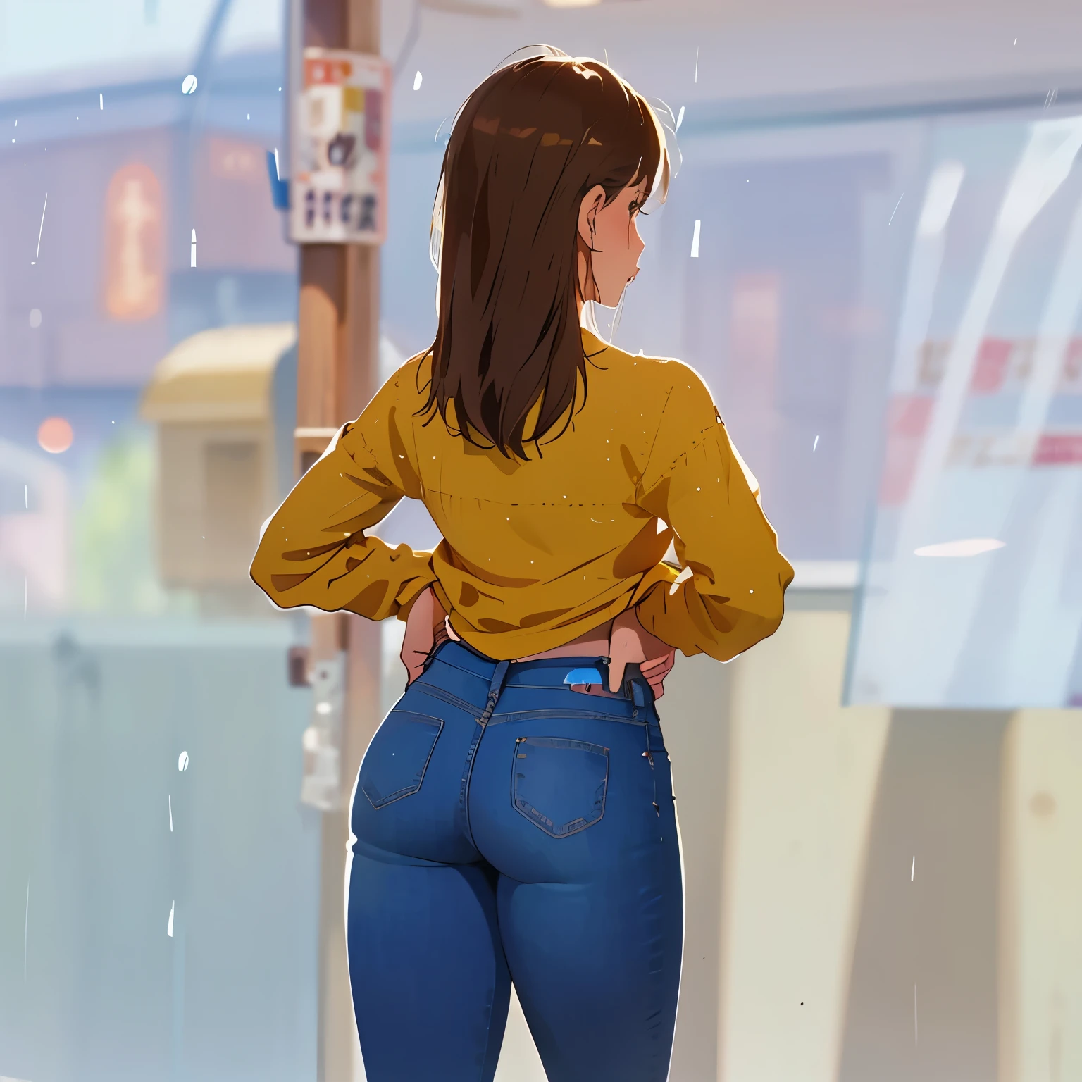 Create a realistic, high-quality image of a young Latina woman with long, straight brown hair seen from the back. She is wearing a fitted yellow sweater and tight blue jeans, which she is adjusting with both hands on her waistband, highlighting her curves, rear, and thighs. The scene is set at night with light rain drizzling, and she is standing in front of a food stand. The background should be slightly blurred to keep the focus on the woman. The lighting should be soft and natural, with reflections from the wet surfaces adding a realistic touch. Emphasize the texture and fit of her clothing, the contours of her body, and the natural pose. Capture the essence of a realistic street scene at night, with the woman prominently highlighted in the foreground.