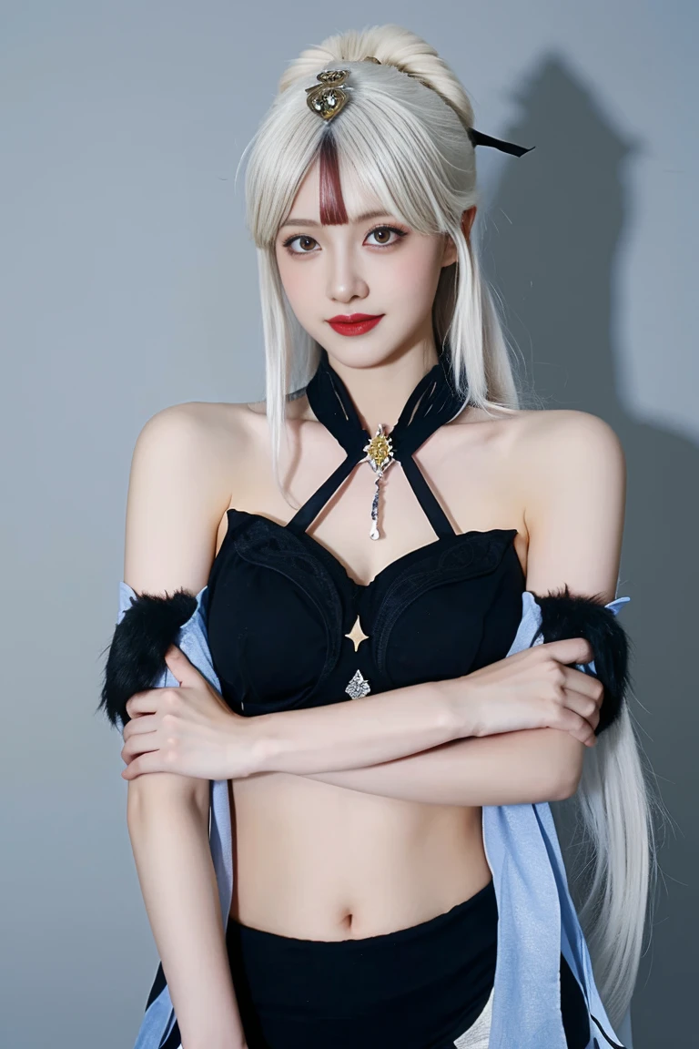 best quality, tmasterpiece,Ultra-high resolution,Clear face,(Reality:1.4),ferpect lighting,(upper body shot:1.5), (photorealistic:1.50), anime wallpaper, Guviz style artwork, cover-up fantasy up to magic , by Yang J, Guviz, beautiful artwork illustration, beautiful digital artwork, beautiful digital illustration, Li Song, beautiful anime portrait, art style in Beauvot,1girl, silver hair, long hair,bangs, smile,Blush,(front:1.3),(standing:1.3), Bare shoulders, Cheeks flushed, Blush, Eye bags closed, double eyelids,
kamisato ayaka, long hair, ponytail, hair band, hair ornament, mole under the eye, blue eyes, breastplate, Tank top, (sleeveless), (bare shoulders), (black shorts:1.5), tassel, gray background , upper body, smile, closed mouth, Arms behind back,