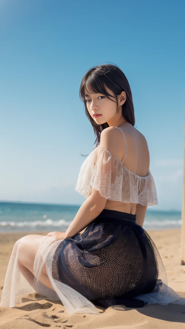 （Highest quality,High resolution,masterpiece:1.2),Super detailed,8K，wallpaper，Official Art，Splash Art，concentrated，1 Girl，Beautiful Face，Sunny beach，（Squatting on the beach with my back bent，Face down），(((A sheer tulle skirt reveals skin，Perfect curves that reveal bare skin through sunlight)))，Elegant and sexy，Watching her from above，Look down，From knee up。