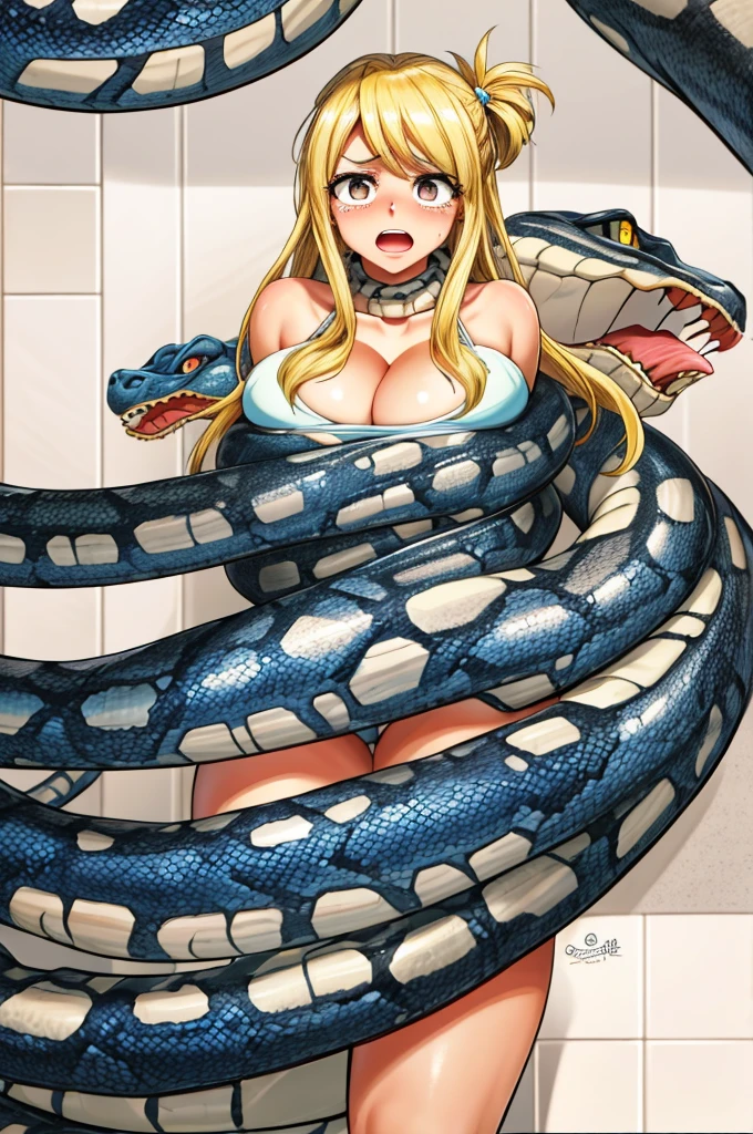 masterpiece, best quality, highres, lucy heartfilia, blonde hair, long hair, large breasts, unique hair detailed, large breasts, breasts out, beautiful detailed eyes, cleavage, snake, (coiled), (python), snake scales detailed, restrained, scared face, crying, nude, bedroom