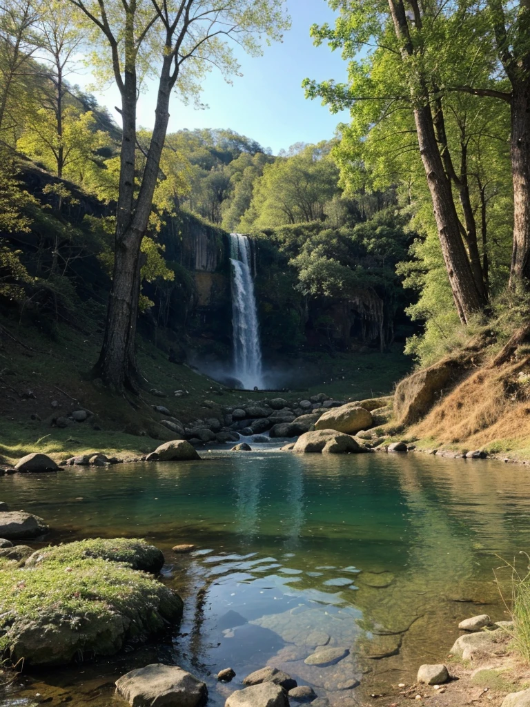a tranquil camping scene, a tent in a lush forest, survival tools scattered around, a beautiful serene lake with a cascading waterfall in the background, (best quality,4k,8k,highres,masterpiece:1.2),ultra-detailed,(realistic,photorealistic,photo-realistic:1.37),vibrant colors,natural lighting,soft focus,serene landscape,peaceful atmosphere,idyllic,breathtaking scenery,stunning vista,pristine wilderness,stunning reflection,calming ambiance