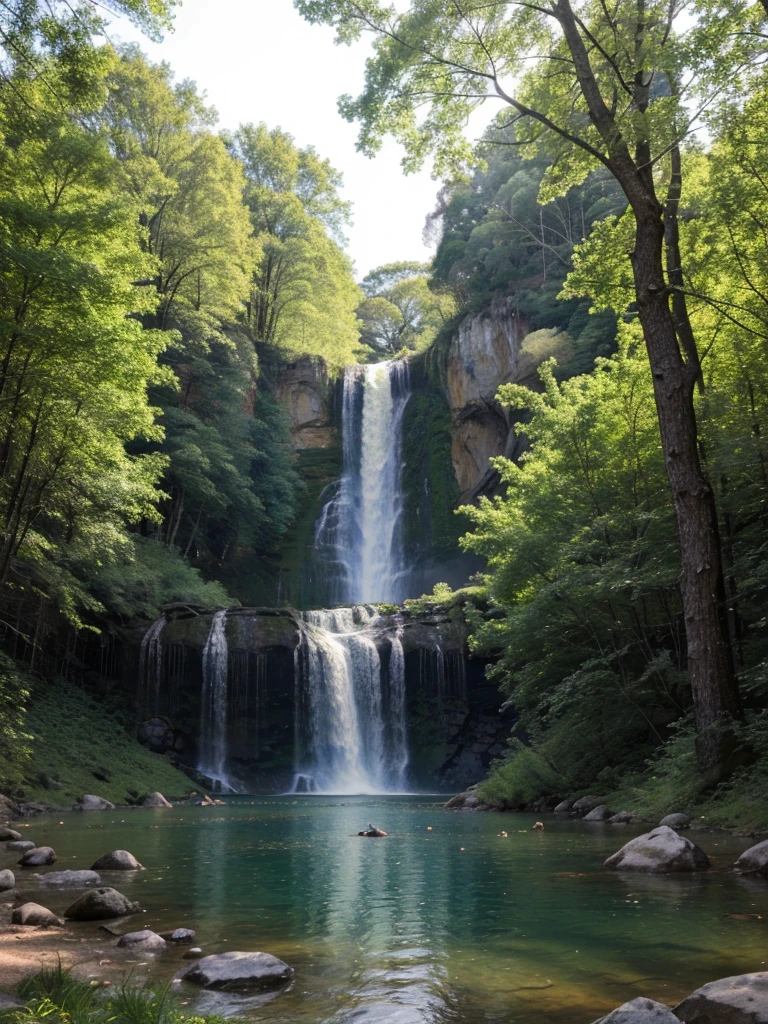 a tranquil camping scene, a tent in a lush forest, survival tools scattered around, a beautiful serene lake with a cascading waterfall in the background, (best quality,4k,8k,highres,masterpiece:1.2),ultra-detailed,(realistic,photorealistic,photo-realistic:1.37),vibrant colors,natural lighting,soft focus,serene landscape,peaceful atmosphere,idyllic,breathtaking scenery,stunning vista,pristine wilderness,stunning reflection,calming ambiance