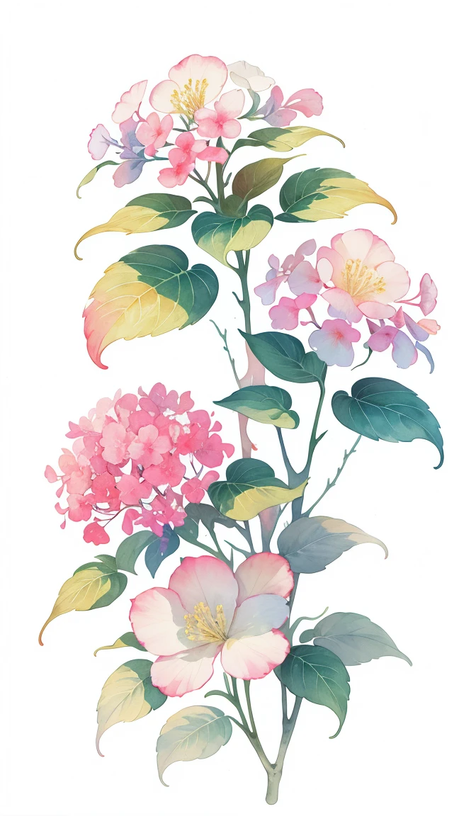 watercolor paiting,It features a simple,Lots of white space,Background Material,Watercolor texture,Rainbow Gradient flower blush red and blue and green and yellow and purple Colorful anyway gradient hydrangea white background, (best quality), masterpiece, extremely detailed 