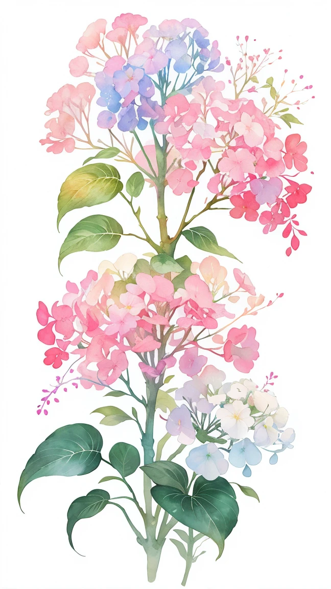 watercolor paiting,It features a simple,Lots of white space,Background Material,Watercolor texture,Rainbow Gradient flower blush red and blue and green and yellow and purple Colorful anyway gradient hydrangea white background, (best quality), masterpiece, extremely detailed