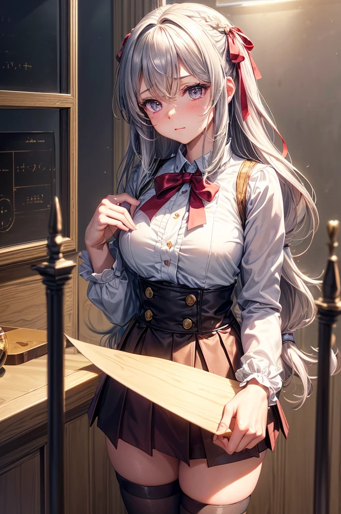 super fine illustration, dynamic angle, an extremely cute and beautiful girl, highly detailed beautiful face and eyes, (masterpiece:1.2), (best quality:1.2), wallpaper 8k CG, very precise detailed, highres, anime screenshot, (1girl, solo), pee, peeing, piss, pissing, peeing self, omorashi, pee-soaked skirt, s on her skirt, a lot of pee, puddle of pee),
(perfect anatomy, embarrassed, shy, troubled face, blush, closed mouth, long hair, silver hair, hair ornament, long sleeves, miniskirt, grabbing her crotch with her hand, had between legs, leaning forward, red ribbon, ribbon, ((fantasy uniform)), (fantasy costume), miniskirt, x hair ornament, black tigh-high socks, zettai-ryoik:1.3), (indoors, day, classroom:1.3), (medium long shot, (dutch angle), from below, medium chest, cowboy shot, purple eyes, focus on eyes, standing, perfect five fingers, head tilt, turning her face away, looking down:1.3), beautiful detailed hair, bangs, BREAK delicate arms and hands, authentic skin texture, -BREAK//
background: fantasy town, castle, sunny, fantasy town,
-BREAK//
effect:detailed soft light, cinematic light, refined rendering, gorgeous and rich graphics, extremely detailedmasterpiece, detailed and intricate, volumetric light, detailed skin texture, detailed, volumetric shadow, ,peeing, wetting self, desperation,public_toilet,have to pee, peeing self, omorashi