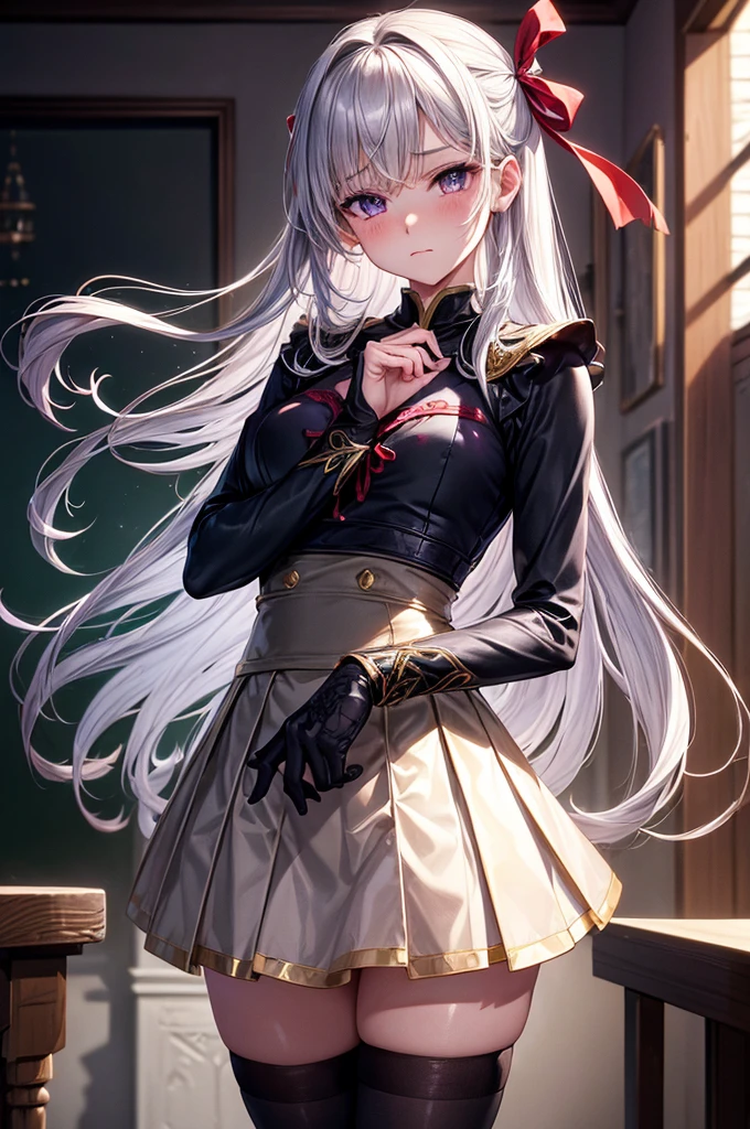 super fine illustration, dynamic angle, an extremely cute and beautiful girl, highly detailed beautiful face and eyes, (masterpiece:1.2), (best quality:1.2), wallpaper 8k CG, very precise detailed, highres, anime screenshot, (1girl, solo), pee, peeing, piss, pissing, peeing self, omorashi, pee-soaked skirt, s on her skirt, a lot of pee, puddle of pee), 
(perfect anatomy, embarrassed, shy, troubled face,  blush, closed mouth, long hair, silver hair, hair ornament, long sleeves, miniskirt, grabbing her crotch with her hand, had between legs, leaning forward, red ribbon, ribbon, ((fantasy uniform)), (fantasy costume), miniskirt, x hair ornament, black tigh-high socks, zettai-ryoik:1.3), (indoors, day, classroom:1.3), (medium long shot, (dutch angle), from below, medium chest, cowboy shot, purple eyes, focus on eyes, standing, perfect five fingers, head tilt, turning her face away, looking down:1.3), beautiful detailed hair, bangs, BREAK delicate arms and hands, authentic skin texture, -BREAK//
background: fantasy town, castle, sunny, fantasy town, 
-BREAK//
effect:detailed soft light, cinematic light, refined rendering, gorgeous and rich graphics, extremely detailedmasterpiece, detailed and intricate, volumetric light, detailed skin texture, detailed, volumetric shadow, ,peeing, wetting self, desperation,public_toilet,have to pee, peeing self, omorashi