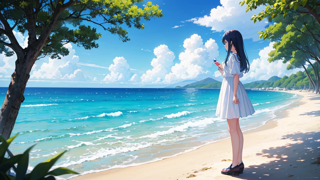 In the beautiful scenery of blue sky and sea、白いドレスを着たgirlが立っている。She stands quietly on the beach、I&#39;While stroking my hair, Blowing in the Wind。girl&#39;The expression is calm.、Smile。Her white dress gives a neat and elegant impression..、It depicts fluttering in the wind。The blue sky is beautiful、The ocean waves are rolling quietly、In the distance, I can see the horizon。The background is the coast and sandy beach、Seabirds and shells are sometimes depicted..、Expressing the calm atmosphere of the sea。girl and the background are in harmony、Create illustrations that evoke a sense of quiet happiness.。