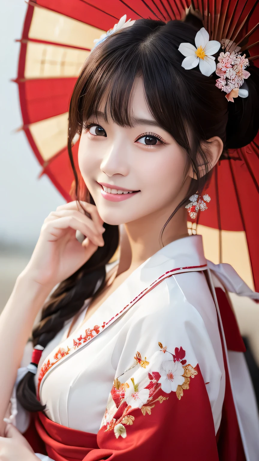(masterpiece:1.3), (8K, Photorealistic, Raw photo, Best image quality: 1.4), Japanese 、Take a full-body photo,White kimono、Red long skirt、Shrine maiden、Cute costume,Fluffy medium hair,crystal,Natural color lip,(Random Hairstyles:1.2)、Cleavage:1.2、Super detailed face、Attention to detail、double eyelid、Put your chest together、Sharp focus:1.2、Beautiful woman:1.4、Black Hair、highest quality、masterpiece、超A high resolution、(Photorealistic:1.4)、Highly detailed and professionally lit smile、