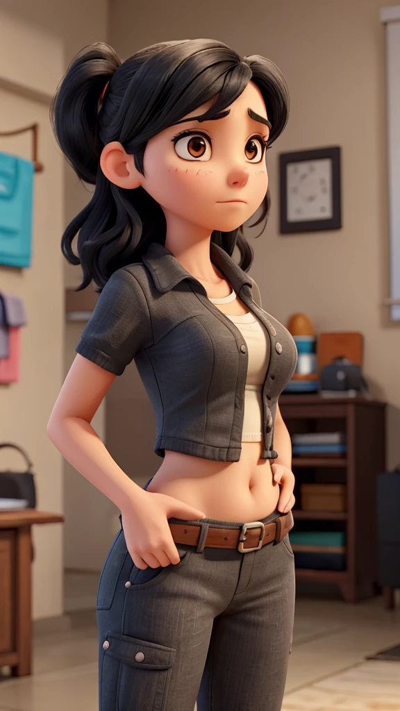 A woman in her 20s with both hands on her stomach. Black hair. She looks troubled by her stomachache.