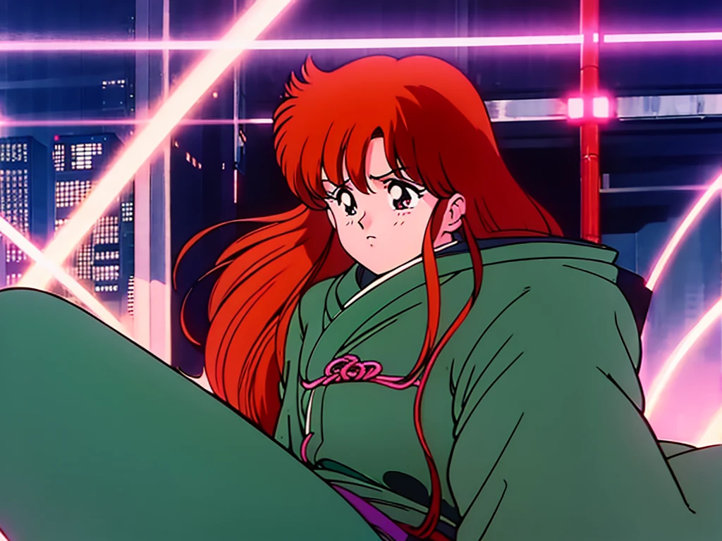 Japanese anime style、Tokyo in the 80s、night、One Woman、Long Hair、Jacket