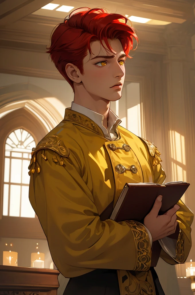 (masterpiece, highest quality), a close up side face  panel shot of a young man with red hair and yellow eyes 3/4 face shot of a young noble man looking at the window , background inside castle library, the man has a frustrated face expression, highly detailed, five fingers normal human anatomy 