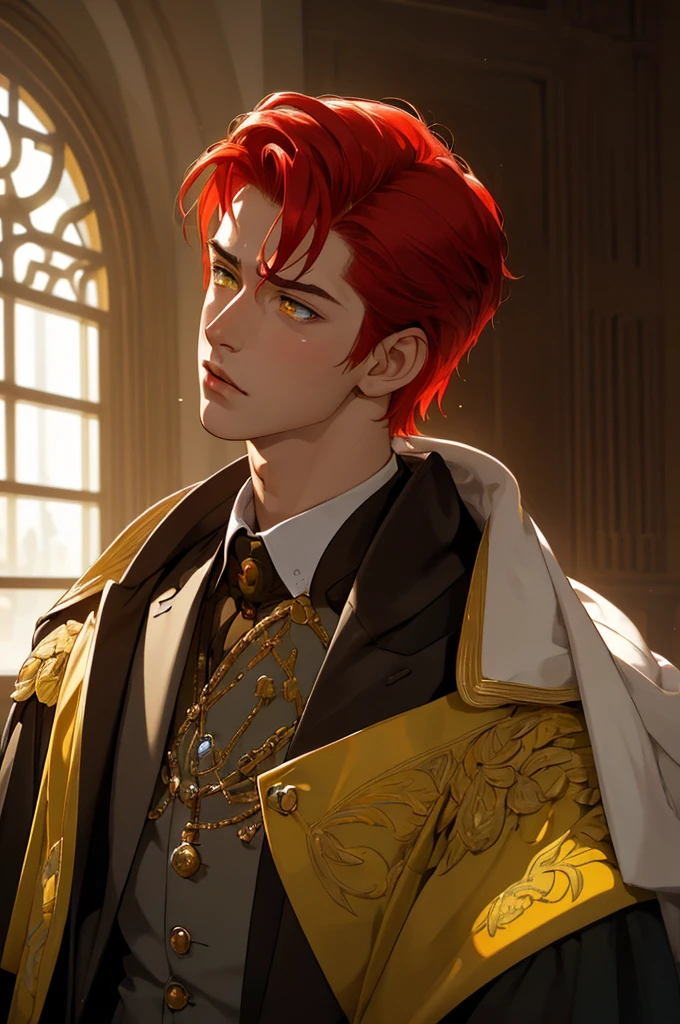 (masterpiece, highest quality), a close up side face  panel shot of a young man with red hair and yellow eyes 3/4 face shot of a young noble man looking at the window , background inside castle library, the man has a frustrated face expression, highly detailed, five fingers normal human anatomy 