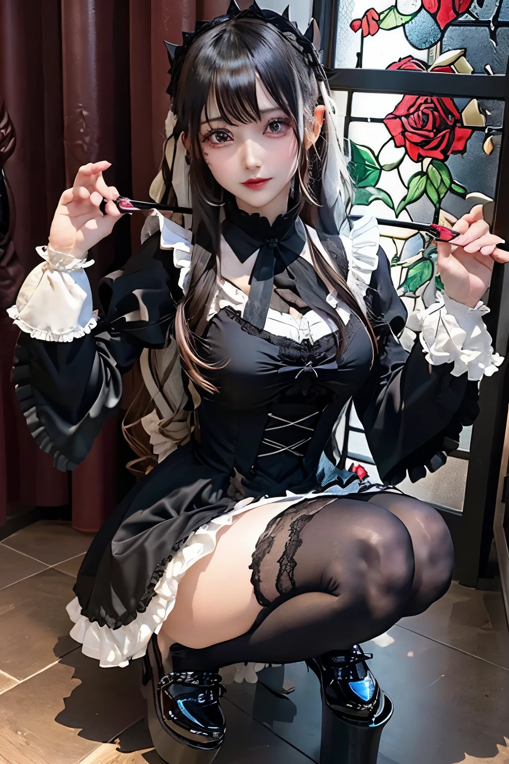 Hard Dark Gothic Makeup、Black dark eyeshadow、sad、Good skin radiance、Dark Gothicメイク、Dark smile、palace、The beauty of fragrance、24-years-old、Expression of intense sexual pleasure、Embarrassed look、Dark Gothic、Highest quality、Expression of sexual pleasure amid suffering、Drunk face、紫のMaid clotheysterious、Noble、sexy、Loving smile、Twin tail hair、Right blue eye, Left eye is red、Super tempting pose、Platform Heel Shoes、Heavy makeup、Gothic ta clothes、Silver Hair、Long Hair Straight Hair、Cute Gothic Loliress、Beautiful Face、elegant features、Attractive face、Stained glass is the background、Chest glistening with sweat、The room is dark、goth long dress、Bell Sleeves、Wizard Sleeve、Decadent look、Sexually excited expression、Glossy thighs wet with water、Thighs that are wet and shiny with oil、Background of a room full of roses、sad expression、Rose Maiden、The embroidery is pink、The dress has pink embroidery.、Thigh-high socks、Knee-high socks、Gentle expression、Dark black eyeshadow、Stained glass and rose background、thighs are a little thin、Female Duo、Female couple、dark church background、Stained glass、Black metal world、Dark Castle、Dark Room、Slender body、gothic long dress、Victorian dress、Small breasts、Hold the wine in your right hand、Hold the lantern in your left hand、pantyhose、The bed is covered with roses、Her thighs are shining with sweat、My body is wet and shiny、Lots of glitter on the thighs、sweating、My thighs are sticky from sweating、Sweat glistening on my thighs, The whole body is sweaty and shiny、I sweated a lot.、My thighs are sweaty、My thighs are wet、My thighs are shining with sweat、A lot of sweat glistening all over the body、Slender body、Put your head on the pillow、Sleeping on a bed、Beautiful legs、Sleep with your legs stretched、Lying in bed、