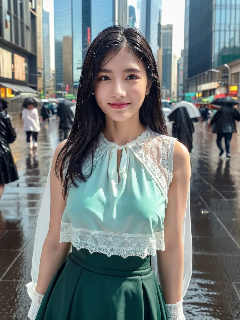 ((best quality, 8K, masterpiece: 1.3)),upper body,Black Hair, black eye,sharp focus: 1.2, beautiful woman with a perfect body: 1.4, ((Medium Hair, large: 1.2)), (small and beautiful hard (White blouse with lace、Tight dark turquoise long skirt), (wet from rain: 1.2), (rain, street: 1.2), wet body: 1.1, Highly detailed face and skin texture, detailed eyes, double eyelids, White skin,,E cup,smile,Financial district of the big city,Skyscraper,白い肌,