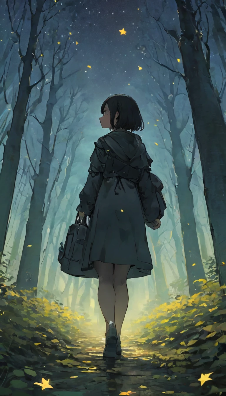 quality\(8K,非常に精細なCGユニットのwallpaper, masterpiece,High resolution,top-quality,top-quality real texture skin,Surreal,Increase the resolution,RAW Photos,最高quality,Very detailed,wallpaper\),break、Circle image、Walking through a ginkgo forest、Long Shot、The subject is small、Beautiful dark forest、Fade to black、Gradation、break、One Girl、look up、Side Shot、Beautiful profile、look up、Almost black blue sky、Stars and clouds、Fresh perspectives、break、Overall dark、Cinema Lighting、Very sophisticated lighting、