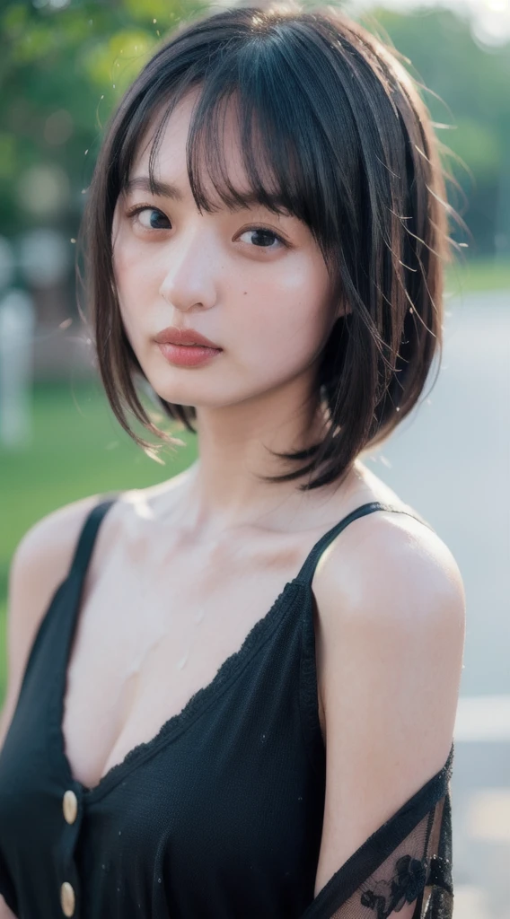 ((Highest quality, 8K, masterpiece: 1.3)), Sharp focus: 1.2, Beautiful woman with perfect body: 1.4, Slim abdomen: 1.2, ((Layered Haircut, Large Breasts: 1.2)), (Very good) (Small beautiful hard nipples) (thin, damp buttons up to shirt length,: 1.1), (rainに濡れた白いシャツ), (rain, street: 1.2), Wet body: 1.1, Highly detailed face and skin texture,  Fine grain, double eyelid, Sunburnned skin, sexy, Sunburn, Dark Skin, Sunburnned body, Exposed shoulders, Cleavage