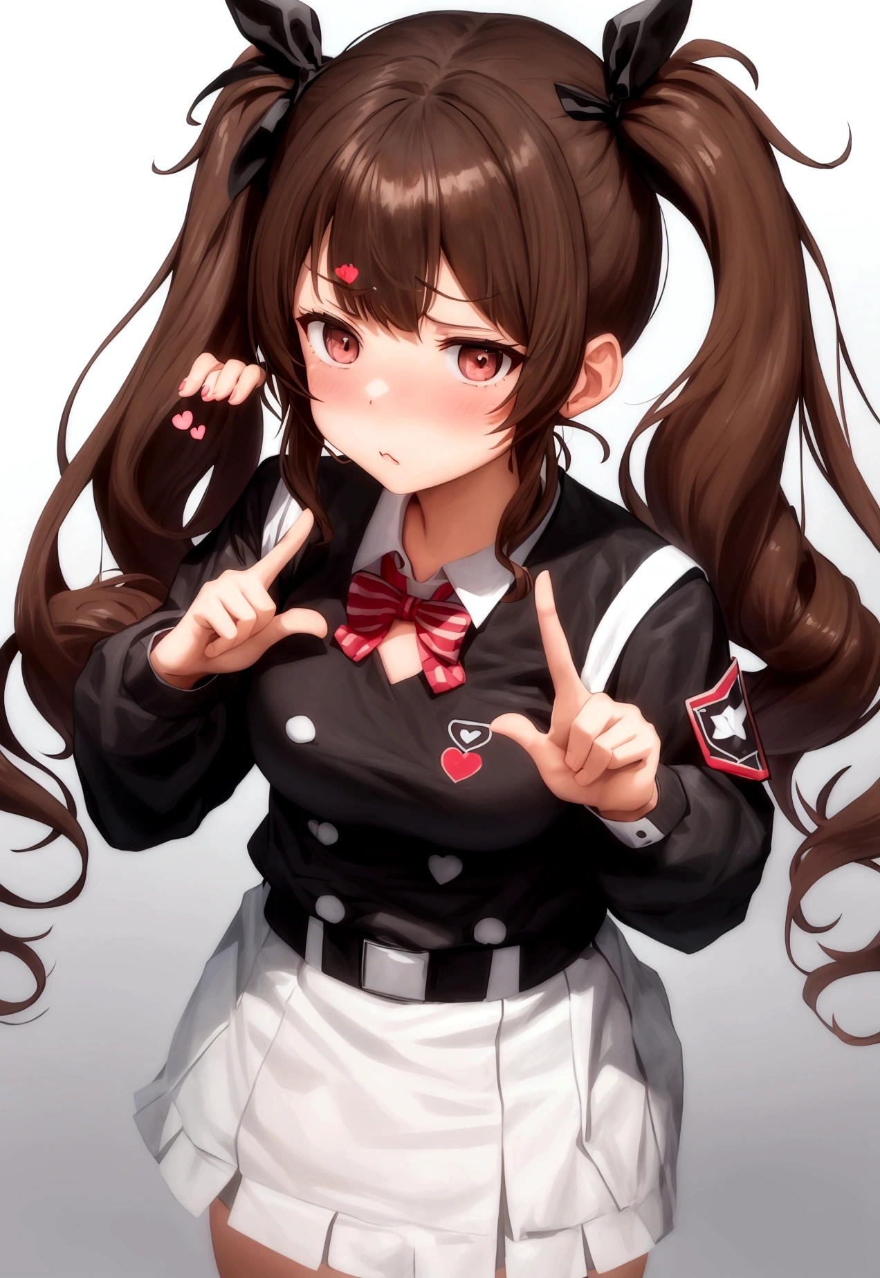 A girl with brown hair and twin tails wearing a uniform、While staring at me with a stern look、Making a heart with index and middle fingers。she is my lover、Her expression is a mixture of embarrassment and affection.。