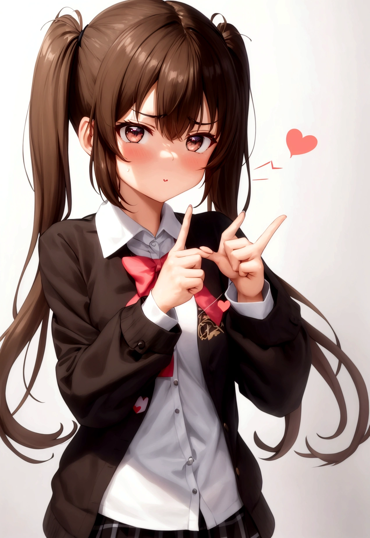 A girl with brown hair and twin tails wearing a uniform、While staring at me with a stern look、Making a heart with index and middle fingers。she is my lover、Her expression is a mixture of embarrassment and affection.。