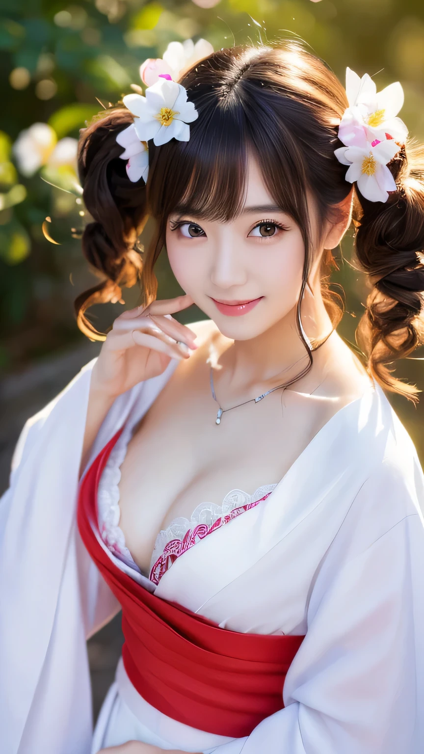 (masterpiece:1.3), (8K, Photorealistic, Raw photo, Best image quality: 1.4), Japanese 、Take a full-body photo，White kimono、Red long skirt、Shrine maiden、Cute costume，Fluffy medium hair，crystal，Natural color lip，(Random Hairstyles:1.2)、Cleavage:1.2、Super detailed face、Attention to detail、double eyelid、Put your chest together、Sharp focus:1.2、Beautiful woman:1.4、Black Hair、highest quality、masterpiece、超A high resolution、(Photorealistic:1.4)、Highly detailed and professionally lit smile、