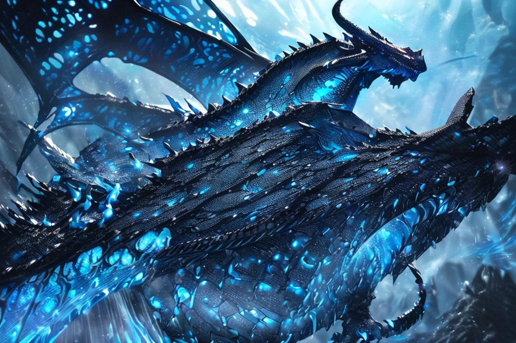 {masterpiece, distinct_image, extremely detailed CG, (extremely detailed fine touch:1.2), (natural light, blue_light, light rays, dappled light, ray tracing:1.2), detailed face, black ghastly dragon on Glacier, photo realistic, 4k, 8k, high_resolution, glitter, blue_light, (glow_blue_face, front_light:1.3),{1dragon, face_focus, looking for_in_viewer, dynamic angle},{dragon, huge body, (Black Smoke Dragon Horn, black dragon scales, blue glowing dragon eyes, wings of blue flame, black dragon tail,Blue glowing dragon's claws:1.7), winter polar background}