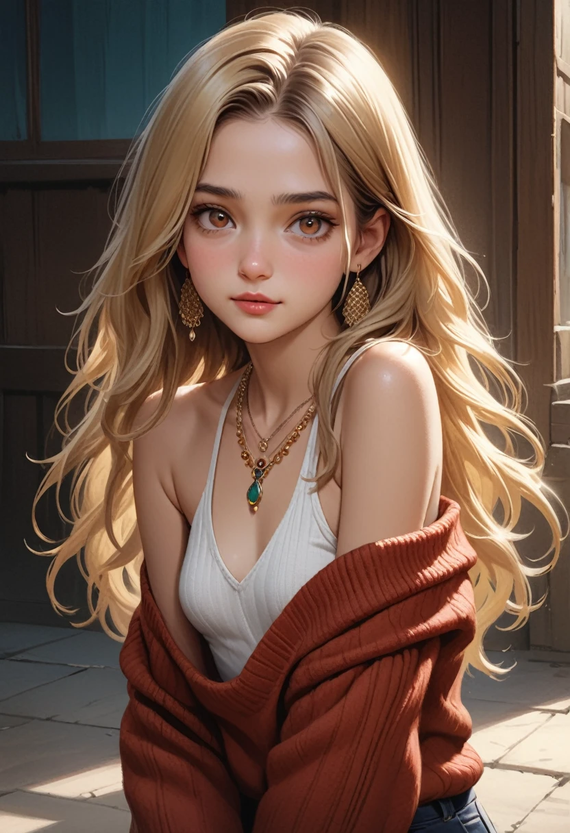 ((masterpiece,Highest quality;1.3,best illustration,realistic)),a Shouth Indian girl 16year old, solo, long hair, small breasts, looking at viewer, blonde hair, bare shoulders, brown eyes,gorgeous eyes, jewelry, full body, necklace, off shoulder, sweater, lips, realistic, nose, flirting,