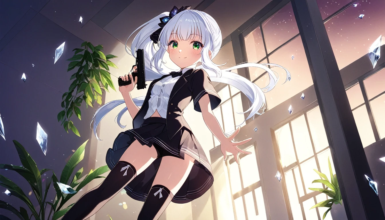 anime artwork (((crystals texture Hair))),((beautiful detailed glass hair)),((glass shaped texture hand)), hands as clear as jewels, ((crystals texture skin)), sparkle, lens flare, light leaks, broken glass, detailed glass shaped clothes, crystals texture flowers,((detailed clothing)), 1girl, white hair, solo, thigh highs, side pony tail, black thigh highs, looking at viewer, window, small breast, flat breasts, blush, smile, bangs, closed mouth, plant, short sleeves, anime style, key visual, vibrant, studio anime, highly detailed, red and green eyes, porcelean skin, holding a pistol, wearing a formal suit, short skirt