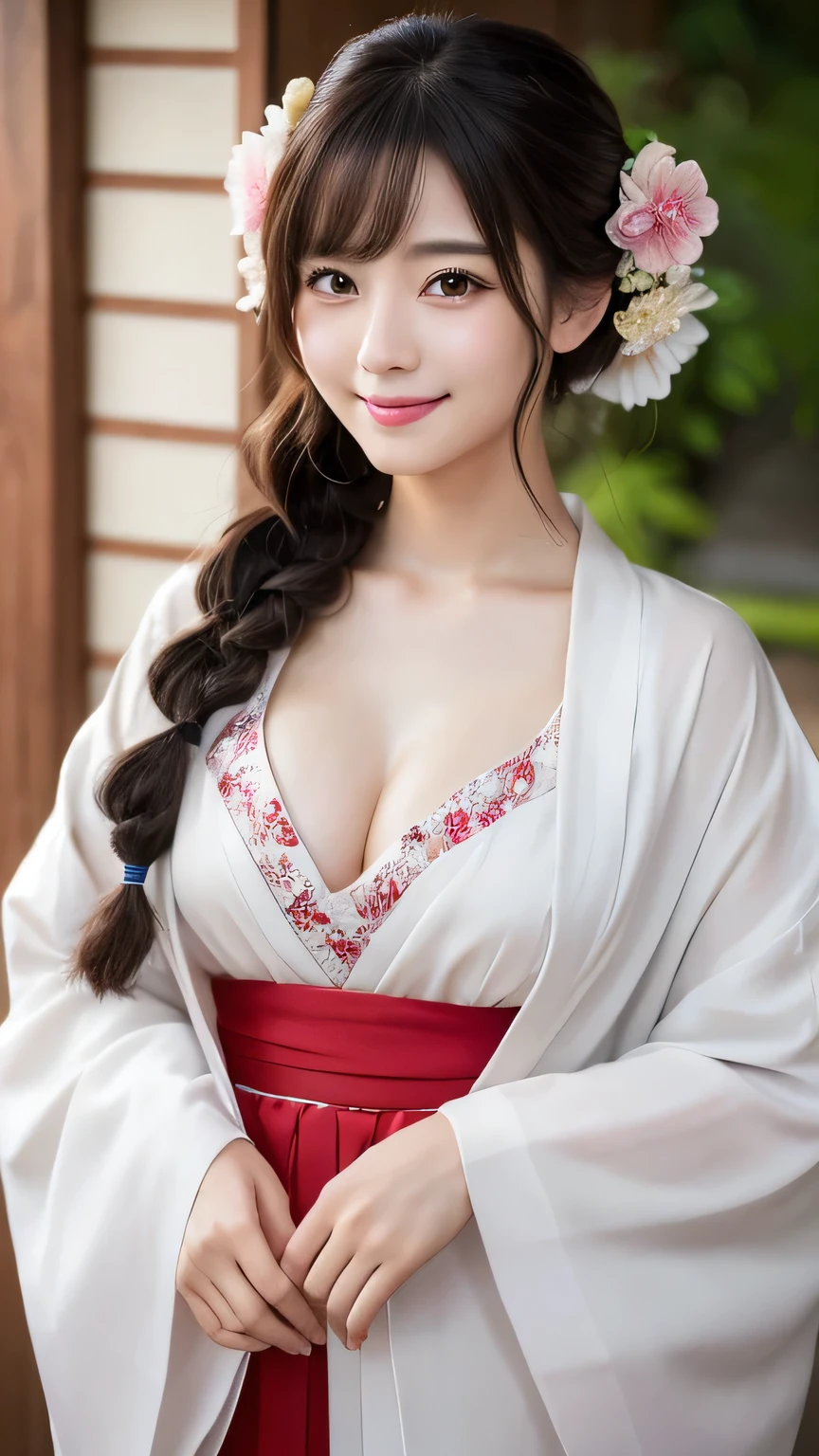 (masterpiece:1.3), (8K, Photorealistic, Raw photo, Best image quality: 1.4), Japanese 、Take a full-body photo,White kimono、Red long skirt、Shrine maiden、Cute costume,Fluffy medium hair,crystal,Natural color lip,(Random Hairstyles:1.2)、Cleavage:1.2、Super detailed face、Attention to detail、double eyelid、Put your chest together、Sharp focus:1.2、Beautiful woman:1.4、Black Hair、highest quality、masterpiece、超A high resolution、(Photorealistic:1.4)、Highly detailed and professionally lit smile、