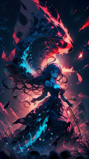 A princess screaming in hatred, walking, epic, glowing black dress, very long hair, flying hair, magical, unrealistic physic, dark background