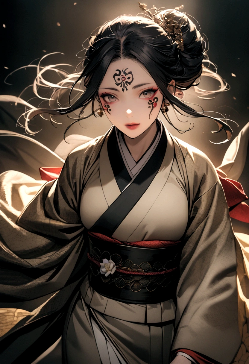 Raw photo、Face tattoos、A woman wearing a kimono