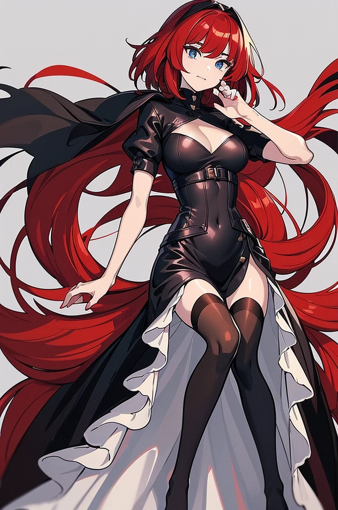 a beautiful girl with red hair wearing a black dress, detailed facial features, bob haircut, full body illustration, woman wearing a long black and red coat, solo character, white background, anime style, highly detailed, photorealistic, 8k, best quality, masterpiece, blue eyes, short hair