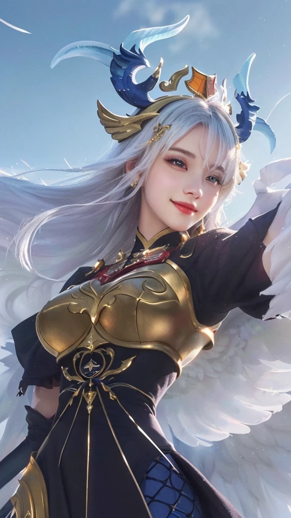 a close up of a girl with a sword and wings, white hair, smiling, portrait, knights of zodiac girl, (best quality,4k,8k,highres,masterpiece:1.2),ultra-detailed,(realistic,photorealistic,photo-realistic:1.37),HDR,UHD,studio lighting,ultra-fine painting,sharp focus,physically-based rendering,extreme detail description,professional,vivid colors,bokeh,portrait,fantasy,magical realism
